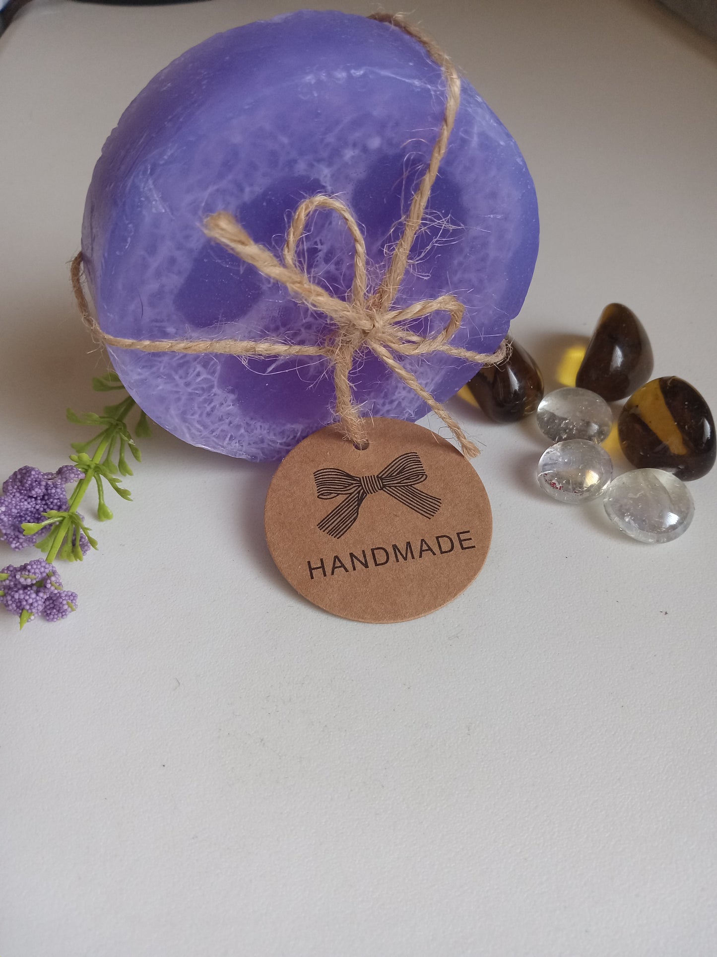 Zaya Soaps Purple Loofah Soap tied with twine and a handmade tag by-Zaya Soaps LLC
