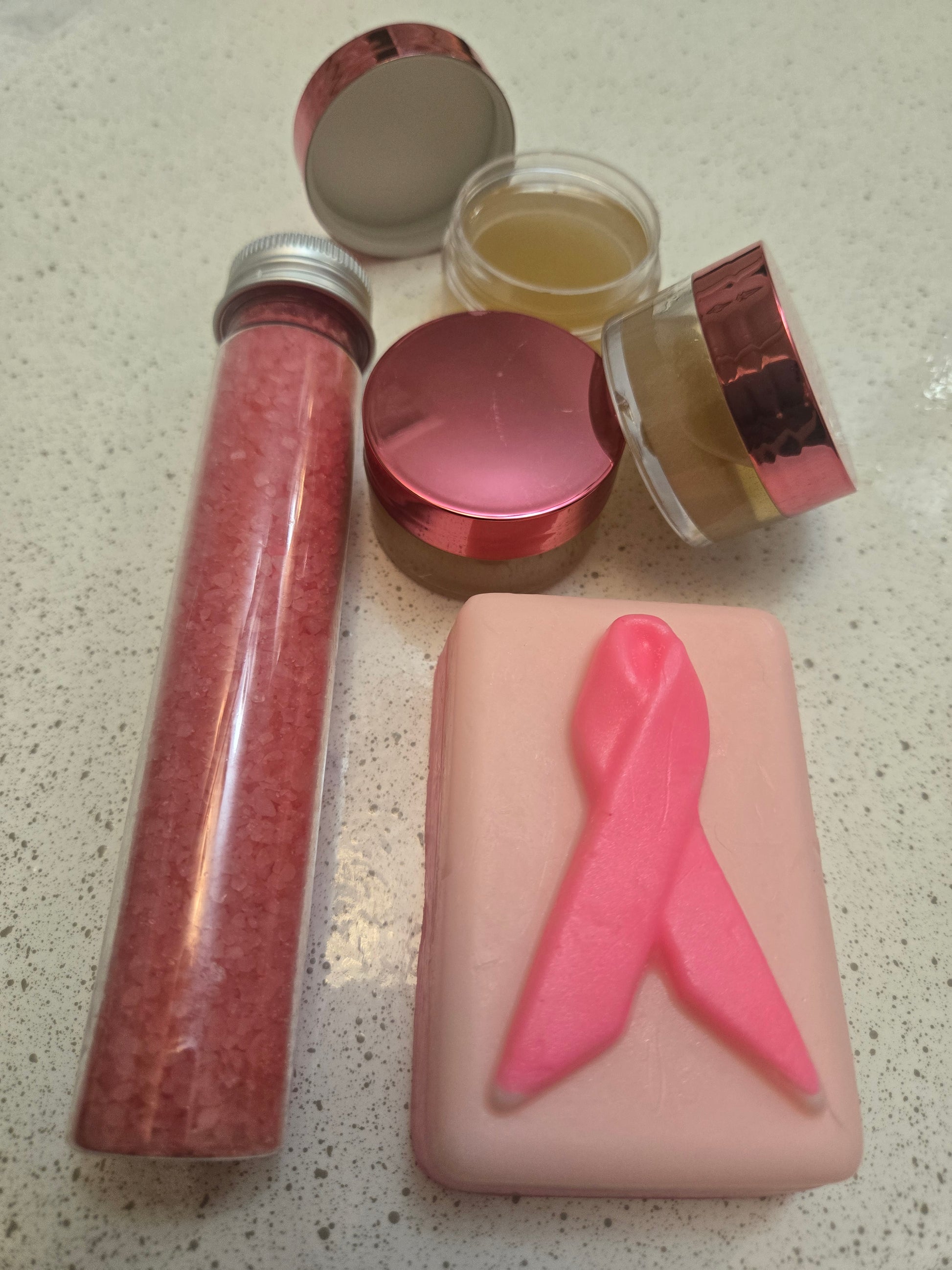 Zaya Soaps Suds for a Cause Bundle - Pink Bath Salt in a Tube, Awareness Soap with the ribbon symbol and Lip Scrub