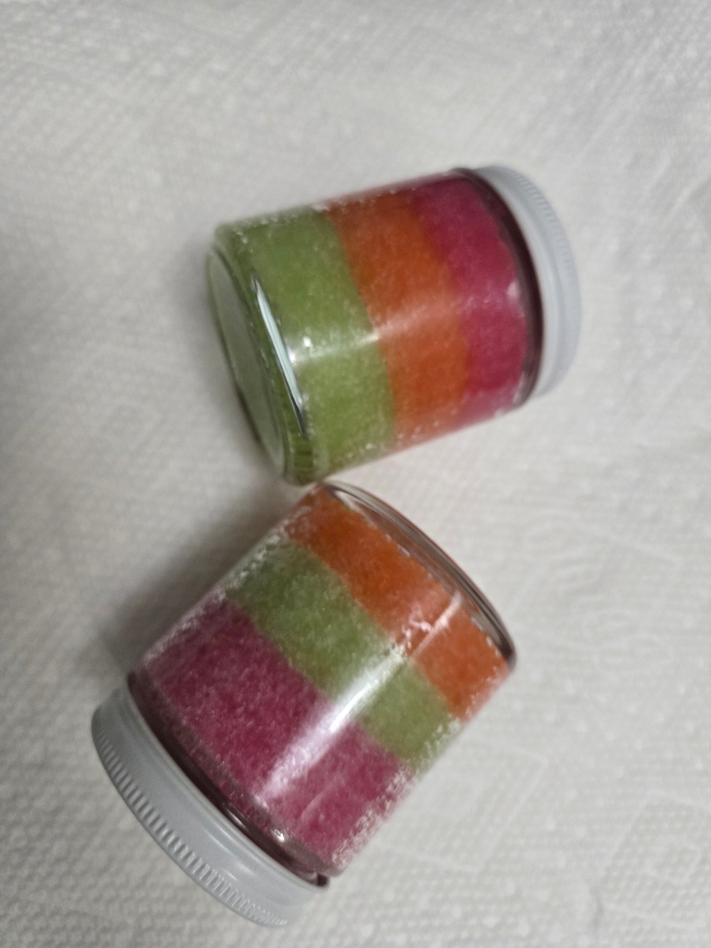 Zaya Soaps Rainbow Burst Sugar Scrub 4oz. Orange, Green, Rose Gold layers -by Zaya Soaps LLC