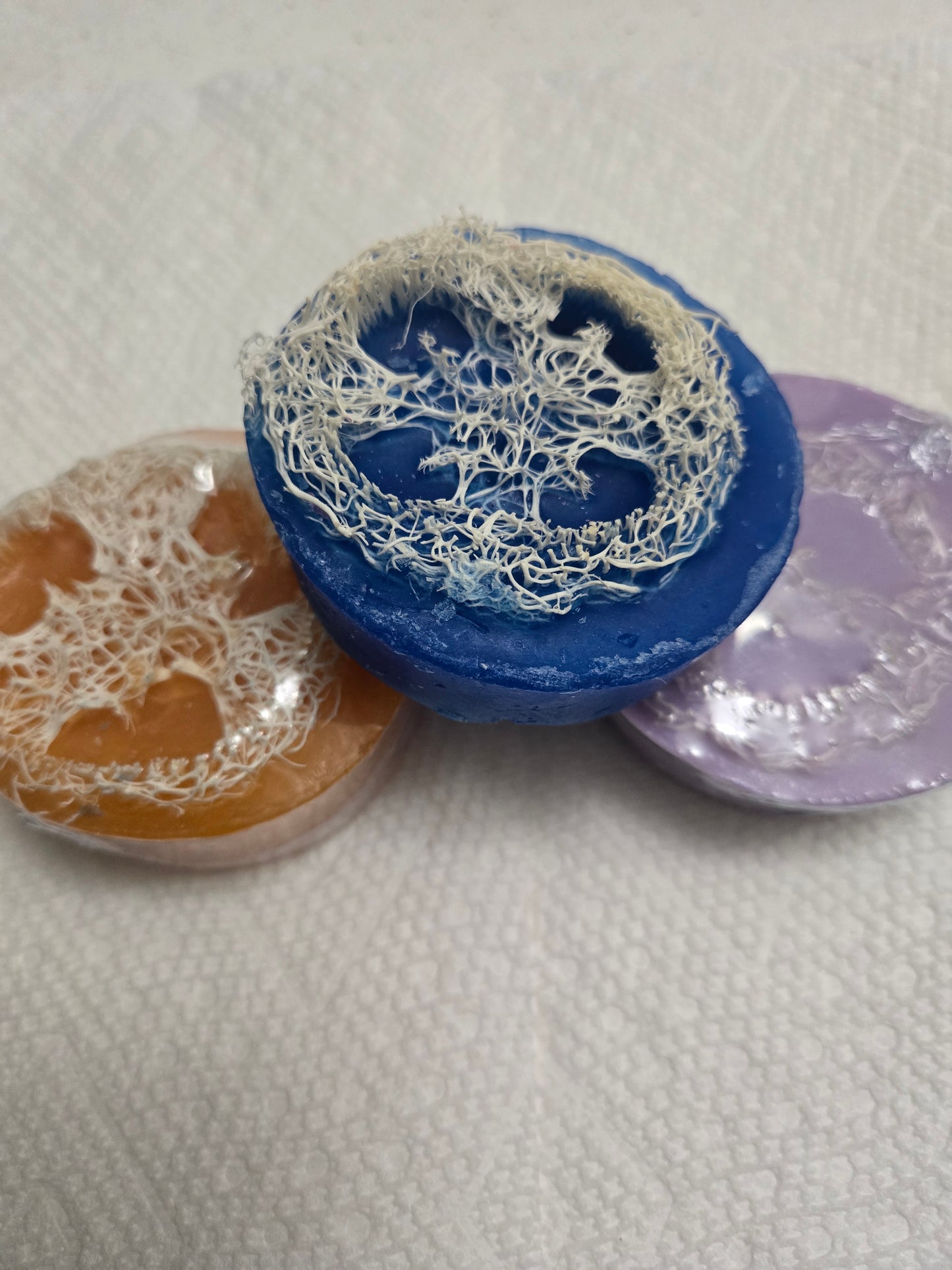 Zaya Soaps Loofah Soaps 3 Pack All 3 bars grouped together Orange, Blue, Purple. Handcrafted by Zaya Soaps LLC